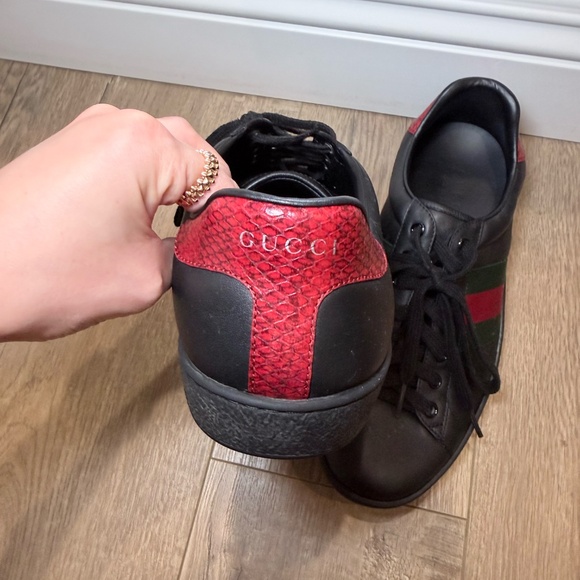 Gucci Black Leather Sneakers Web Stripe Red Snake Heel - Picture 3 of 3